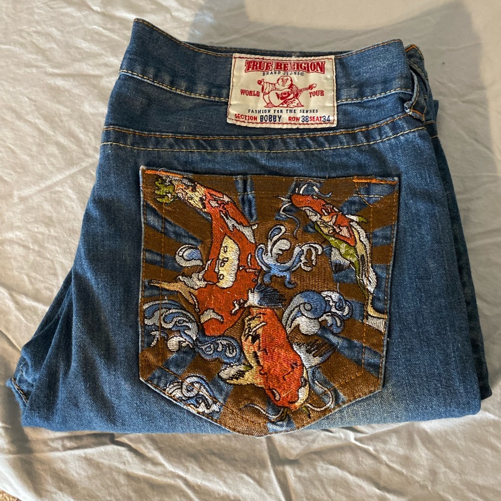 Rare vintage true religion heavily embroidered koi baggy jeans.